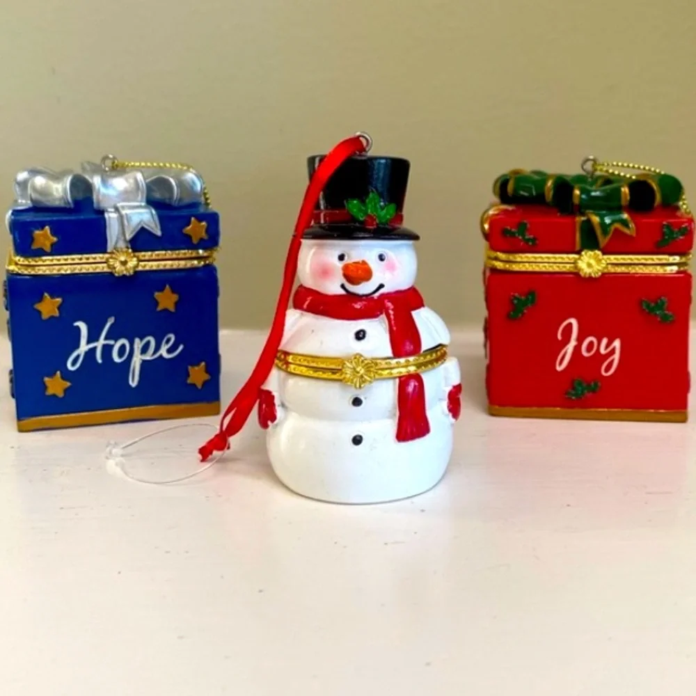 Christmas Ornaments Snowman Luxury Trinket Box Set Collectible Gold Jewel Tones